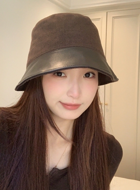 中古风复古pu皮拼接渔夫帽女秋冬