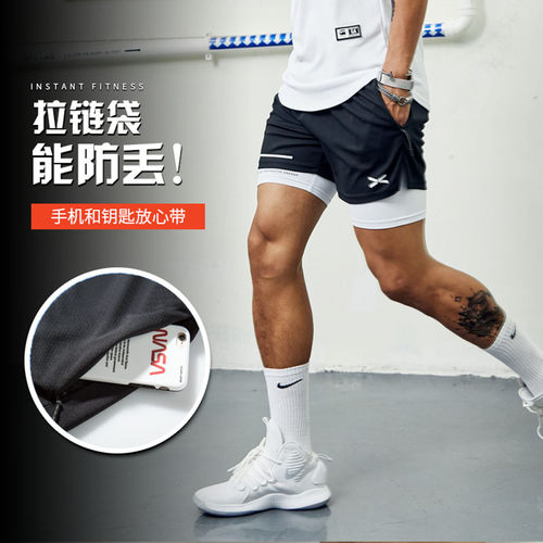 维特客假两件美式短裤男健身跑步运动速干篮球高弹内衬三分裤5222 - 图2
