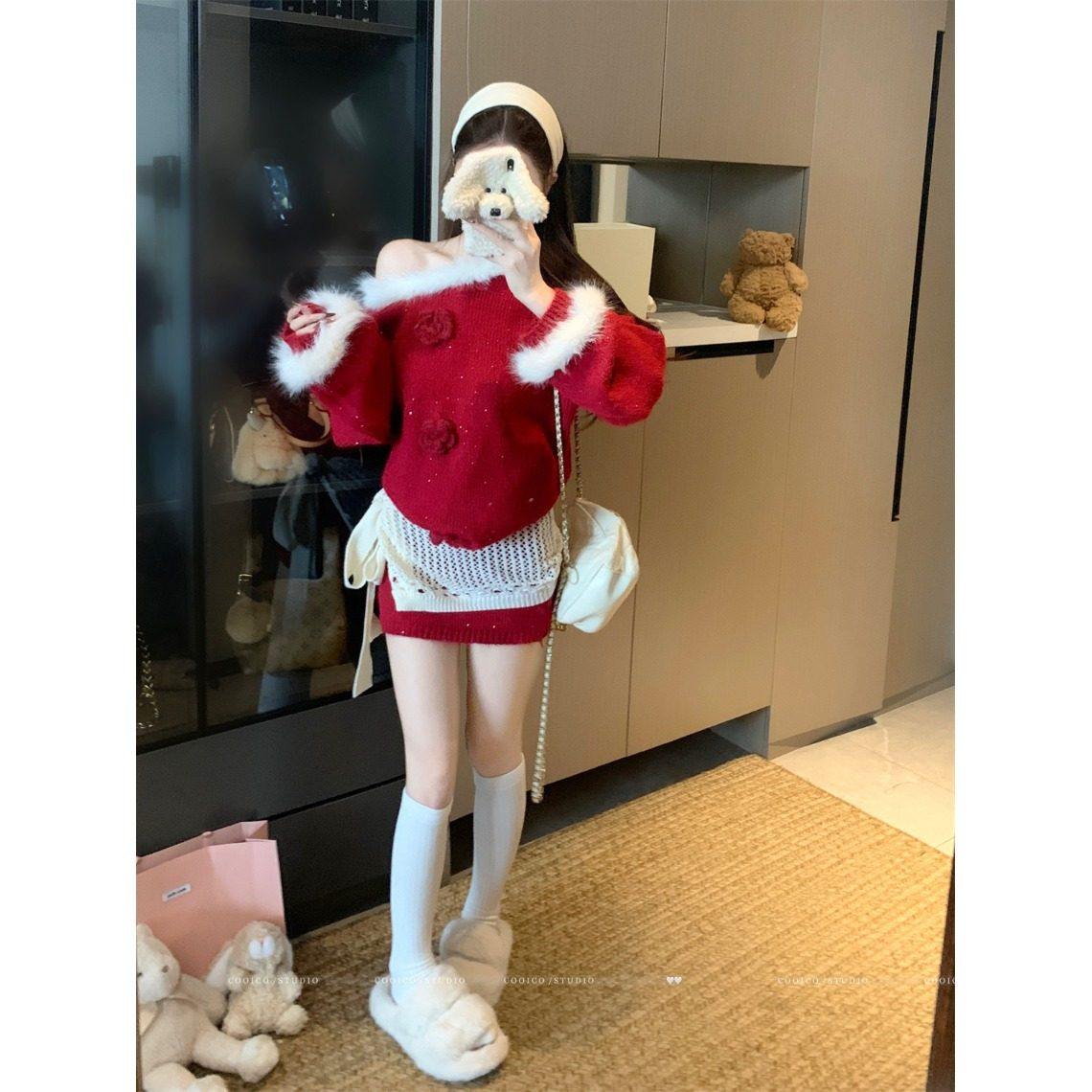 日本offcat红色斜肩毛领毛衣女秋冬镂空针织皮帘内搭包臀半身裙三,淘宝优惠券,粉丝福利购,淘宝优惠卷