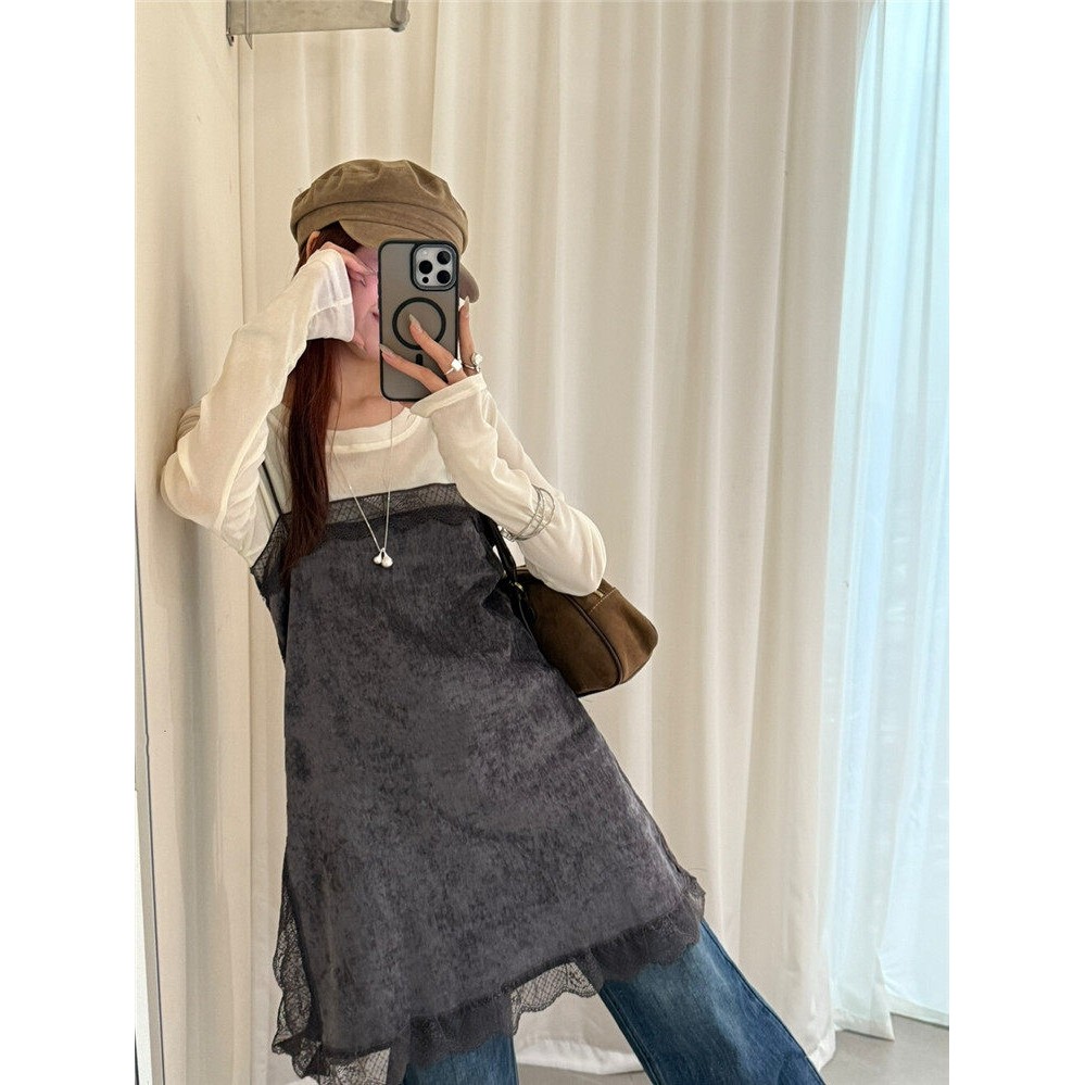 日本offcat深灰色蕾丝拼接吊带连衣裙女秋冬圆领长袖内搭2025年冬,淘宝优惠券,粉丝福利购,淘宝优惠卷