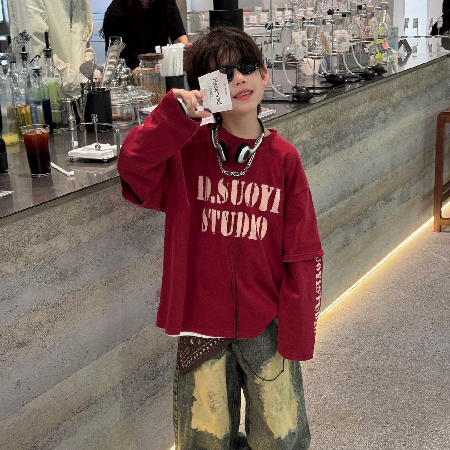 貌貌妈家2025秋季新款儿童美式T恤男女童假2件卫衣字母休闲打底衫,淘宝优惠券,粉丝福利购,淘宝优惠卷