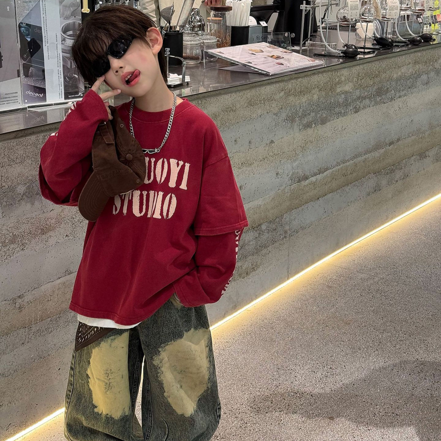 貌貌妈家2025秋季新款儿童美式T恤男女童假2件卫衣字母休闲打底衫,淘宝优惠券,粉丝福利购,淘宝优惠卷