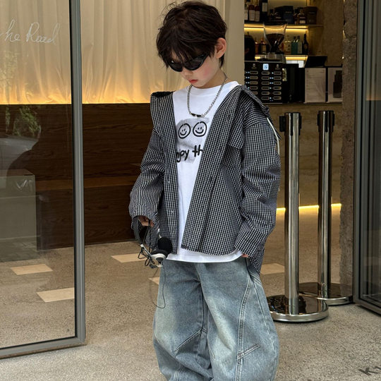 Children's hooded plaid shirt jacket design cardigan