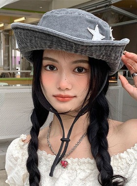 夏季复古星星西部牛仔帽女户外登山帽防晒太阳帽海边露营渔夫
