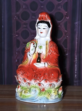 陶瓷高档红衣观音菩萨观世音送子观音菩萨神像家用客厅摆件