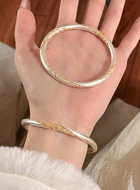 金町新中式国风吉言金祥云纯银手镯女款999足银古法描金镯子素圈