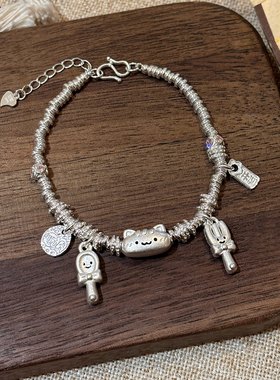 桃星月盘缠手链足银999纯银女生法棍猫叉星多宝手串叠戴闺蜜手饰
