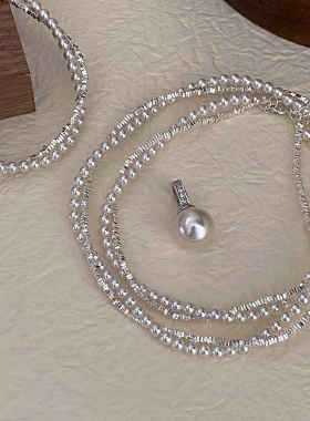 小灯泡万能扣碎银子珍珠项链女款纯银轻奢圆珠水晶双层叠戴锁骨链