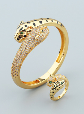 新品豹子手镯戒指套装个性男女饰品铜镀金开口猎豹手环跨境代发