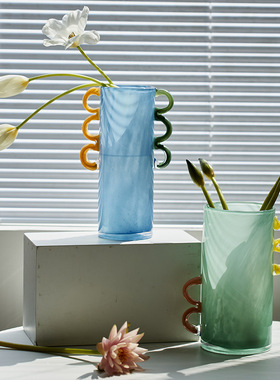 多巴胺彩色中古风直筒圆柱创意手工双耳玻璃花瓶高级感软装家摆件