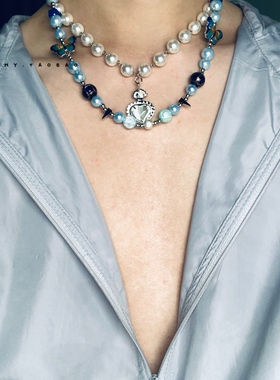 国潮 复古珍珠蝴蝶彩珠玫瑰花项链ins小众设计高街时装配饰男女款