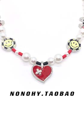 国潮rapper潮牌王嘉尔廖效浓同款爱心珍珠笑脸钻石项链嘻哈男情侣