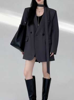 飘带无领新款休闲西装外套女春秋高级设计宽松显瘦腰带气质西服