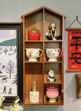 复古木质小屋造型置物柜 创意墙面收纳格子柜 家居装饰摆件展示柜