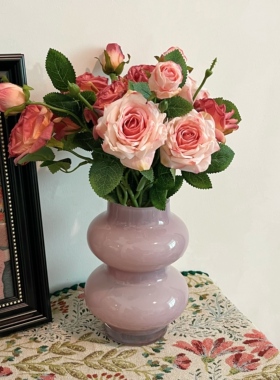 紫雾感葫芦玻璃花瓶+深浅双色粉玫瑰套装 客厅餐桌装饰花艺摆件