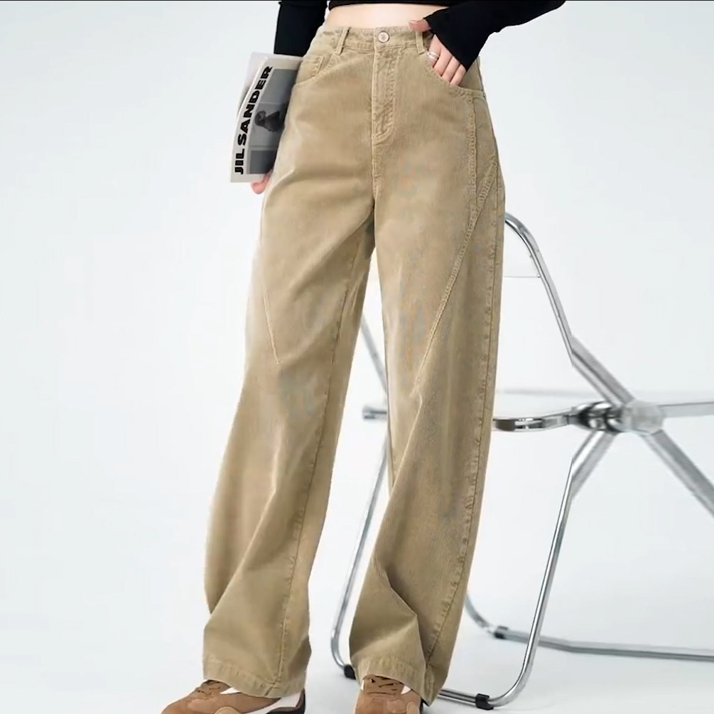 卡其色灯芯绒休闲裤女冬季新款美式复古高腰宽松显瘦加厚弯刀裤,淘宝优惠券,粉丝福利购,淘宝优惠卷
