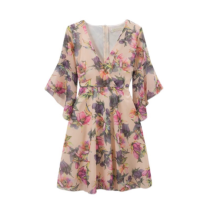 度假三亚海边印花雪纺裙女喇叭袖高腰碎花连衣裙V领短袖女人味,淘宝优惠券,粉丝福利购,淘宝优惠卷