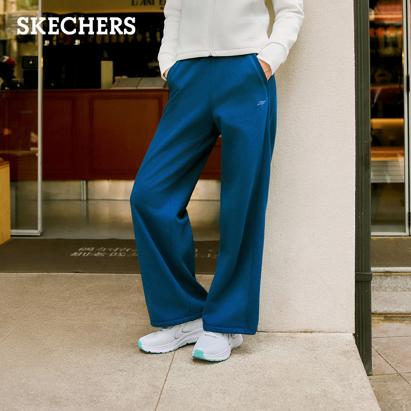 斯凯奇秋冬女装弹力阔腿裤卫裤加绒升温保暖运动休闲长裤时尚舒适