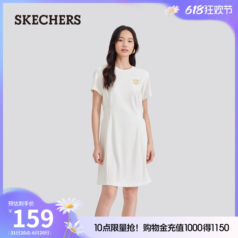 Skechers斯凯奇2024年夏季新款女士圆领针织连衣裙收腰休闲风短裙