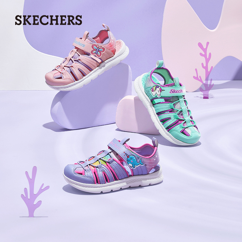 Skechers斯凯奇女大童鞋夏季拼接撞色休闲凉鞋软底运动包头沙滩鞋 - 图2