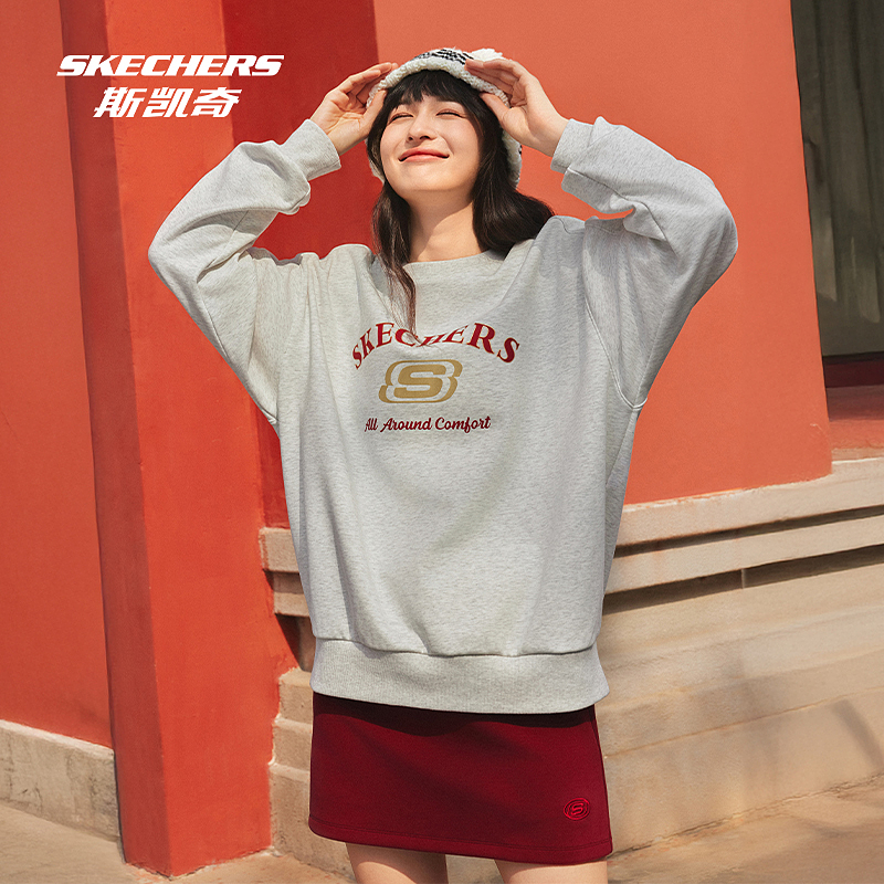 红色战袍斯凯奇冬男女款加绒保暖印花卫衣上衣时尚百搭长袖打底衫 - 图2