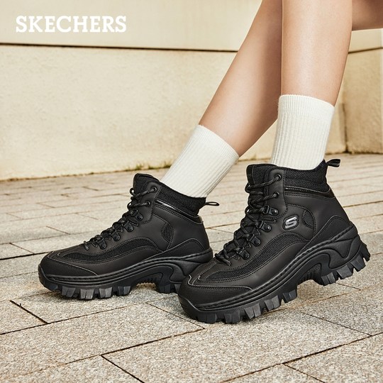 斯凯奇蜜糕鞋冬女黑色老爹鞋高帮鞋厚底增高鞋休闲运动鞋保暖棉鞋