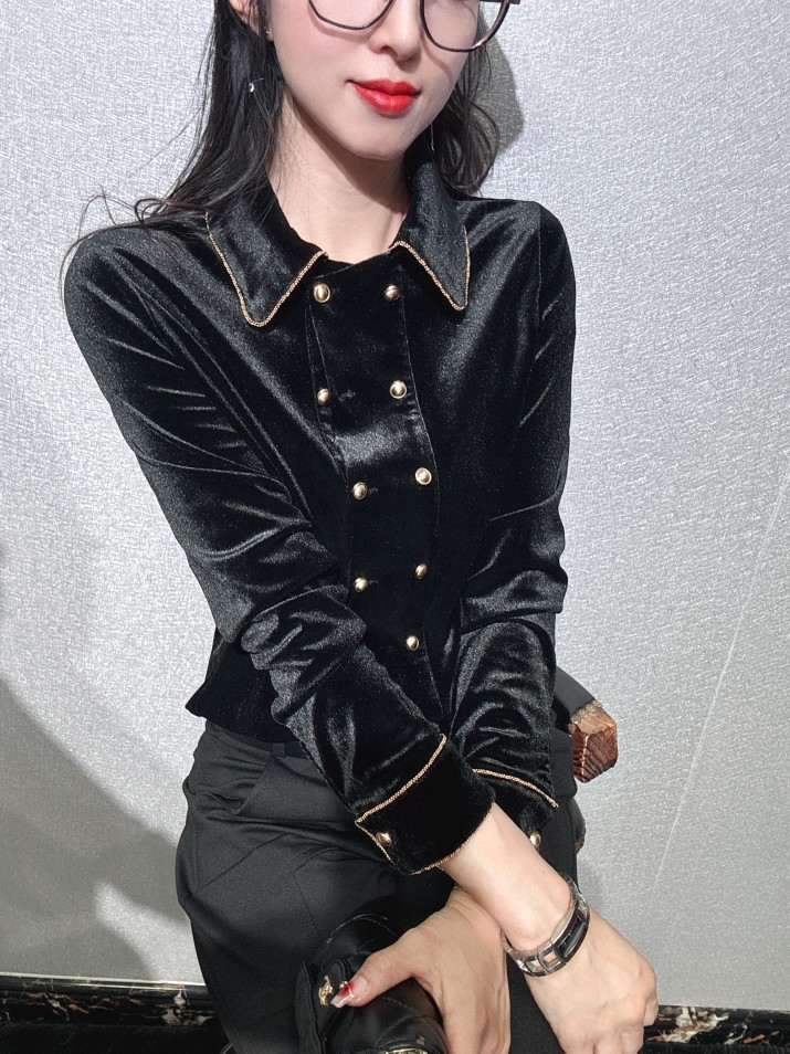 丝绒US黑金气质排扣法式翻领衬衫女款洋气外穿上衣高档双排扣衬衣 - 图1