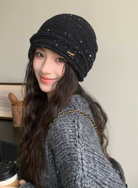 复古条纹褶皱针织堆堆帽子女秋冬