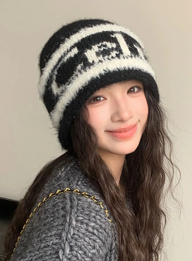 韩系休闲字母条纹毛线针织帽女大
