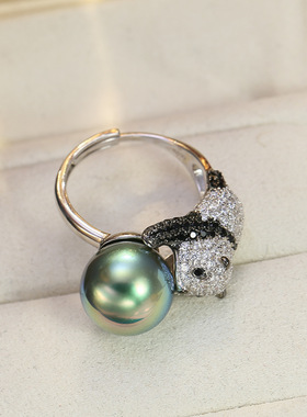 DIY配件S925纯银熊猫珍珠戒指