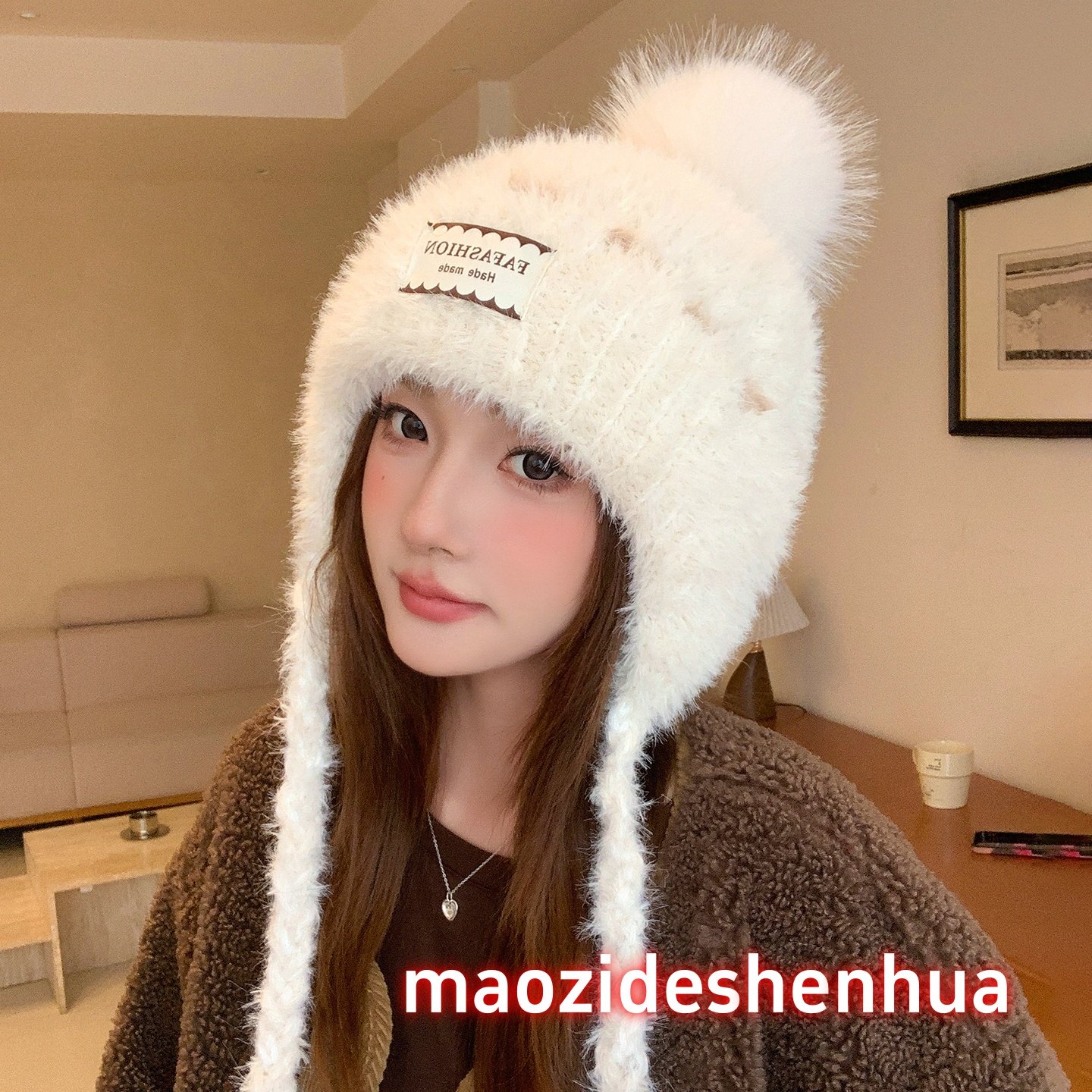 可爱毛绒球褶皱雷锋帽子女秋冬季保暖护耳毛线帽亲肤防寒包头帽冬,淘宝优惠券,粉丝福利购,淘宝优惠卷