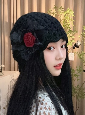 秋冬女韩版花朵镂空保暖针织帽