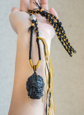 和田玉青花大黑天项链藏式手工编绳手搓棉财神个性小众男女高级感