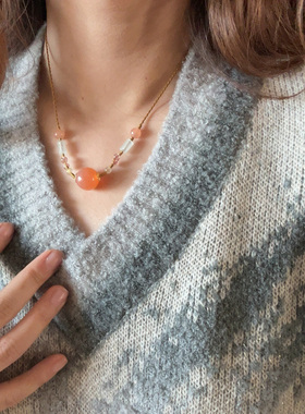 橘子糖|甜美玛瑙项链文艺复古小清新毛衣链锁骨链新中式百搭编绳