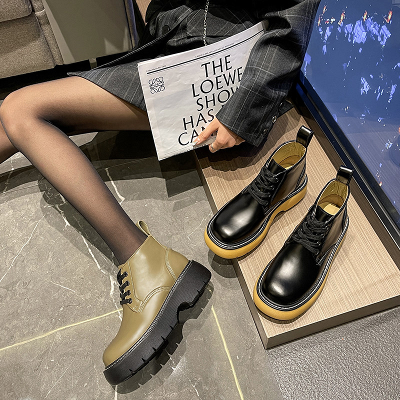 HDYBV真皮马丁靴切尔西短靴女新款增高松糕厚底系带烟筒大头靴子,淘宝优惠券,粉丝福利购,淘宝优惠卷