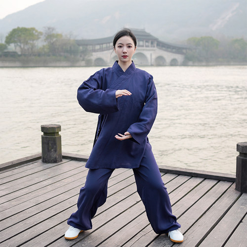 2023新款斜领直袖太极服女男春夏季亚麻棉太极拳练功服武术表演服 - 图1