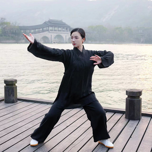2023新款斜领直袖太极服女男春夏季亚麻棉太极拳练功服武术表演服 - 图0