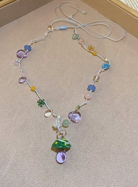 孟子义同款彩色水晶串珠项链海边度假风百搭锁骨链氛围感锁骨链女
