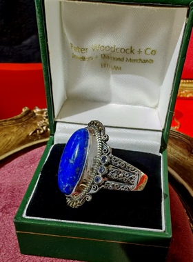 18K纯金炸珠纯银花丝镶嵌帝王青金石紫水晶925纯银戒指戒圈中古着