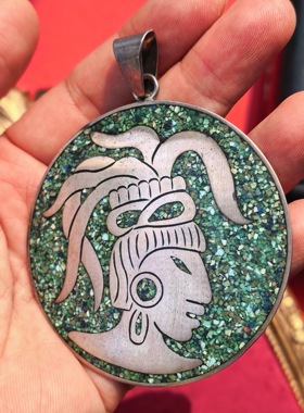 【墨西哥古董银饰】925银玛雅文明图腾绿松石碎石镶嵌吊坠 38.6克