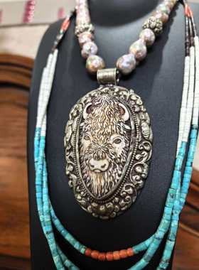 天然巴洛克幻彩珍珠纯银雕刻花纹牛头大吊坠项链中古着首饰古董