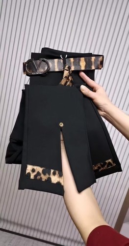 夏季新款撞色弹力微喇裤女高腰显瘦飘带豹纹喇叭裤简约通勤九分裤 - 图2