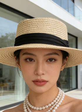 2026新款法式平顶草帽女夏季遮阳防晒帽海边沙滩礼帽草编太阳帽子