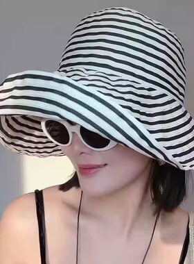 时尚复古夏季条纹渔夫帽子女新款长短檐防晒帽织带时尚盆帽大头围
