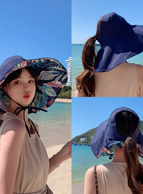夏季时尚百搭潮款海边宽檐遮阳空顶帽双面印花防紫外线遮脸渔夫帽