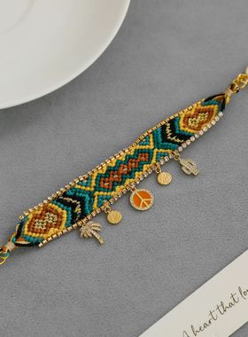 HIP家法式编织手链 波西米亚风民族风小众简约彩色流苏编织手链