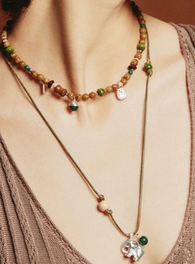 SWAH*图腾小象项链 董洁同款手工编绳小众复古高级串珠小象毛衣链