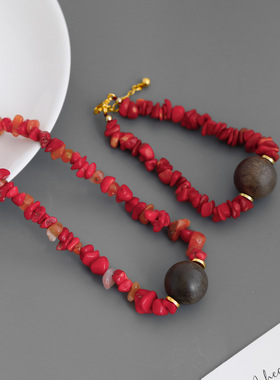 子休家国风碎石项链 董洁同款沉香木珠不规则玛瑙串珠手链锁骨链