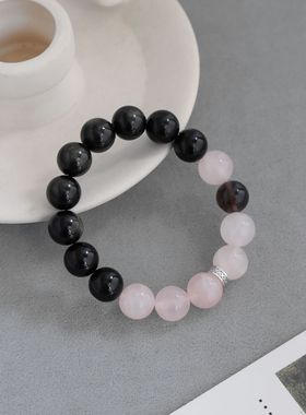 ND*家黑曜石水晶手链 夏季爆款简约小众设计感茶晶粉水晶串珠手链