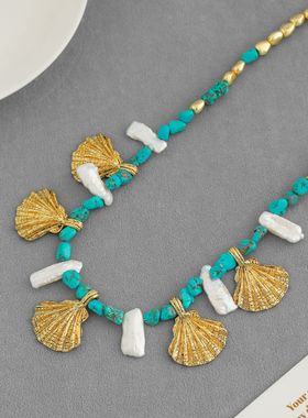 贝壳系列扇贝项链 复古简约小众巴洛克珍珠蓝松石贝壳串珠锁骨链